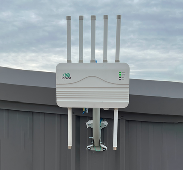 Outdoor wireless router mounted on building for primary business internet