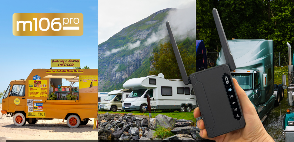 Collage of a yellow food truck, mountains with RVs, and a person holding a csg m106 pro outer with text about uninterrupted connectivity.