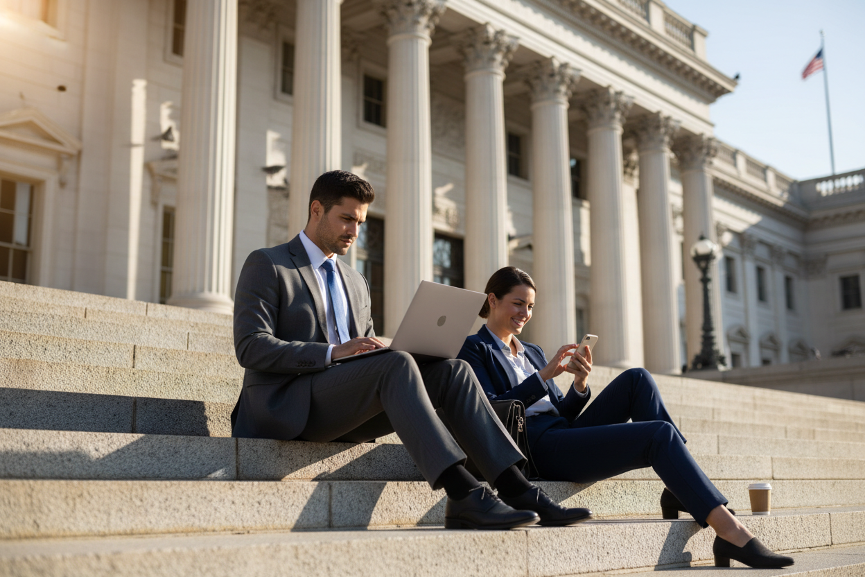 a business person sitting on the stairs of a government building using a laptop, another person using a phone for internet