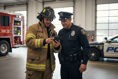 a fireman and policeman looking at a phone