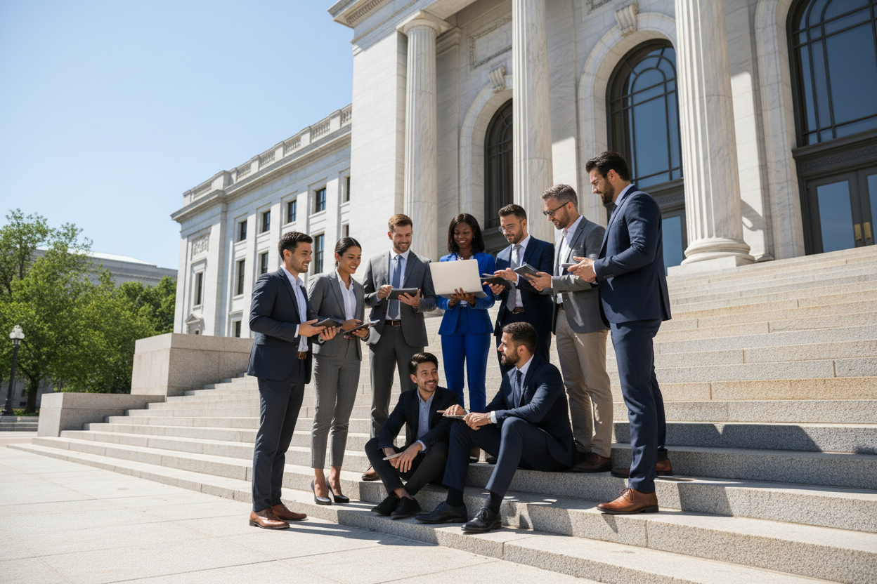 a group of business people looking at a laptop on the stairs of a government building