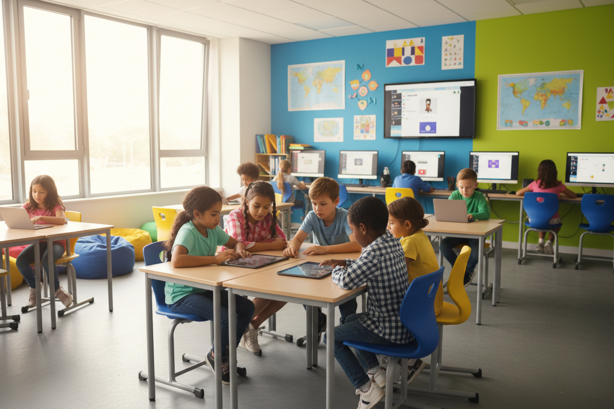 children in a school using devices