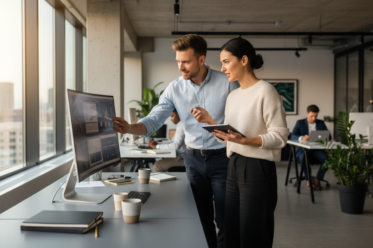 male and female looking at computer