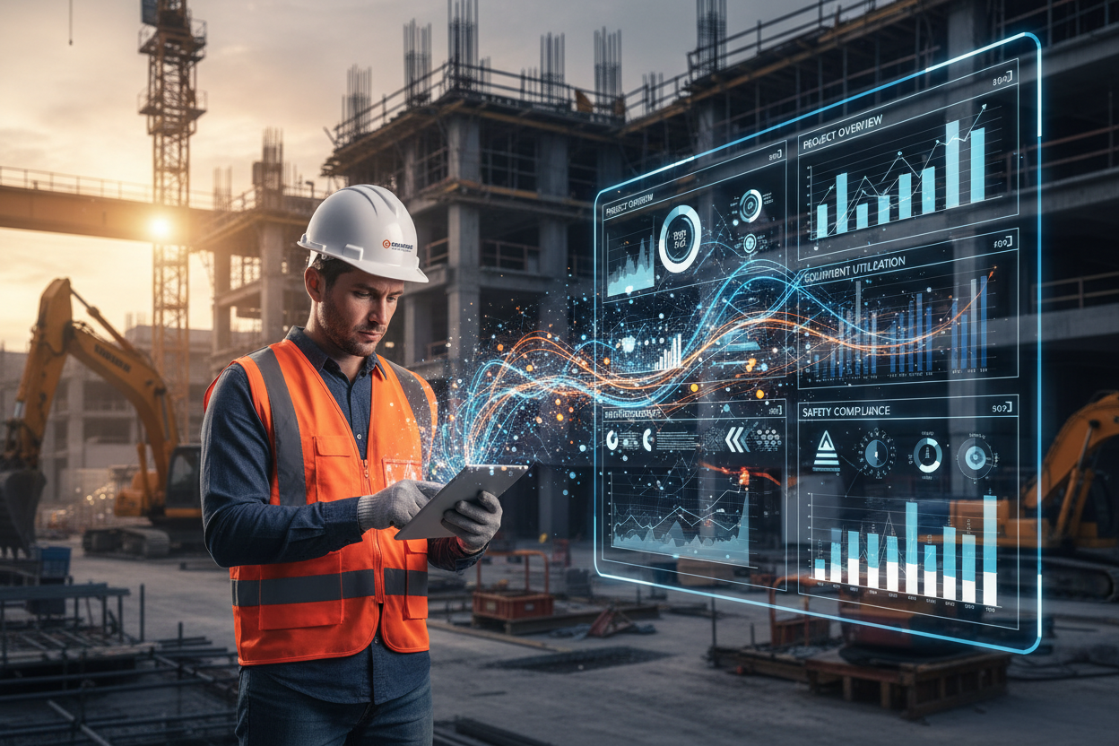 Overlay an image of a foreman looking at a tablet with data points flowing to a dashboard