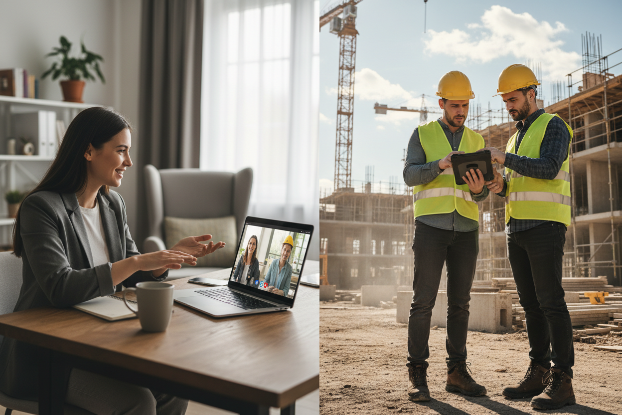 real image of a person on a video call, split screen with a person using a tablet on-site
