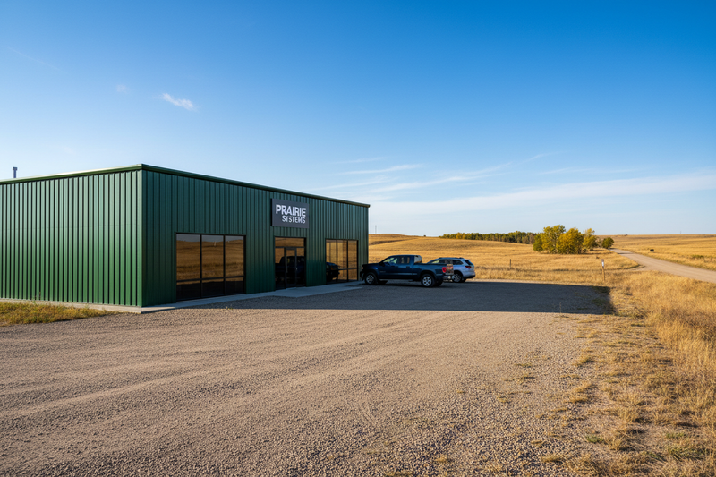 Remote metal building that is a business. Off-centered