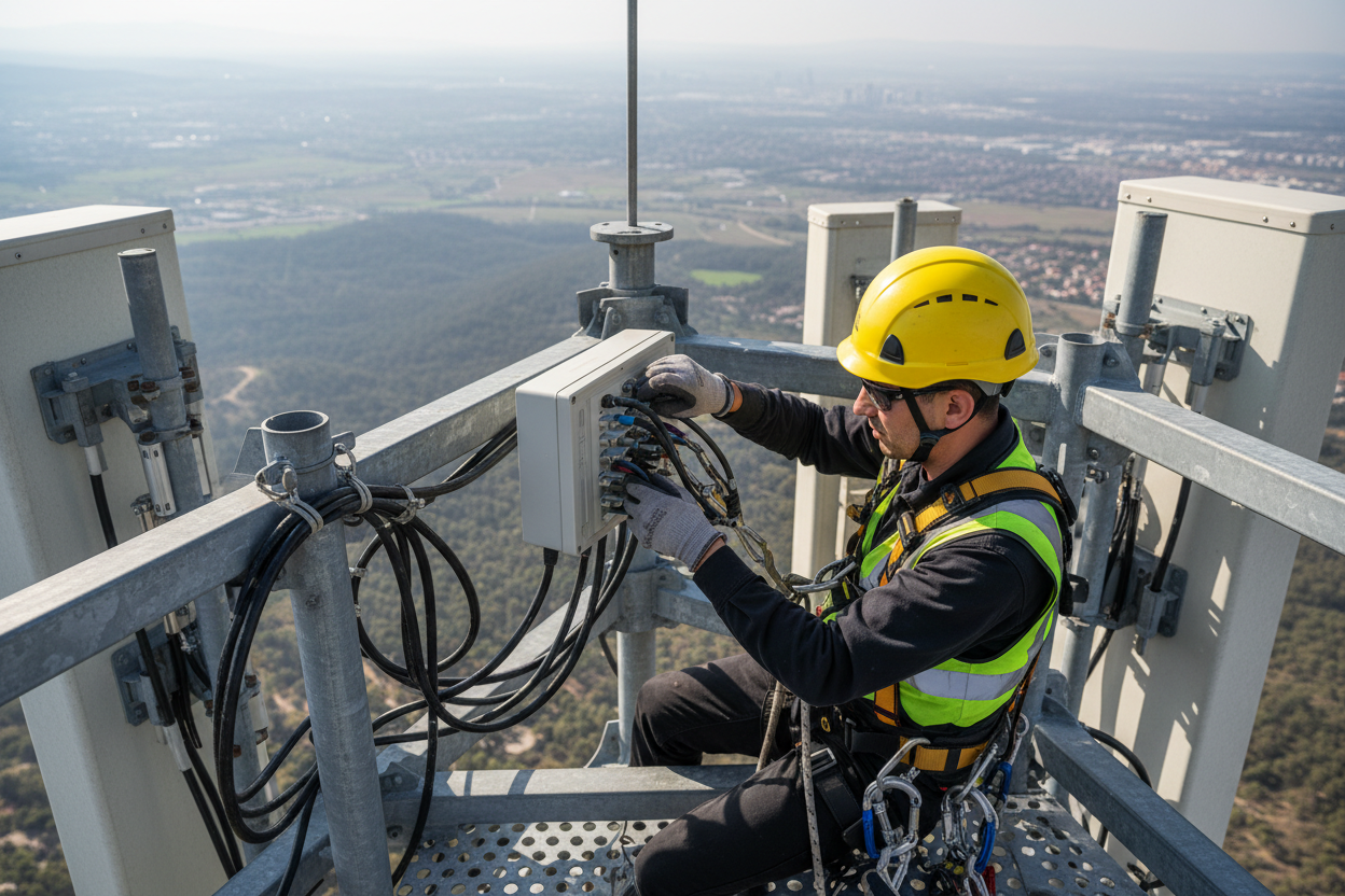 service man working on a cell tower, high up, close up of him and top of tower, hard hat