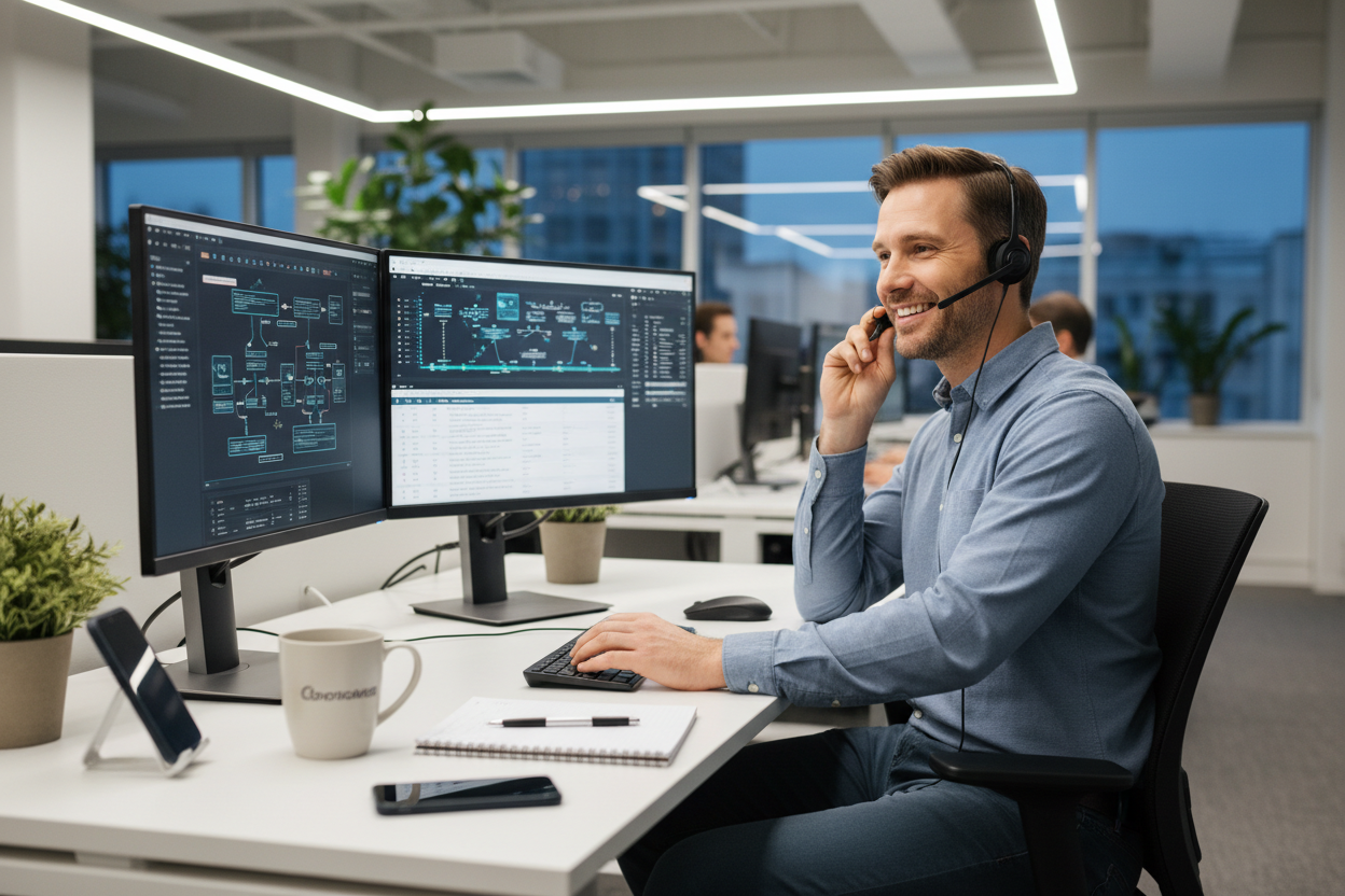 tech person at computer answering a call