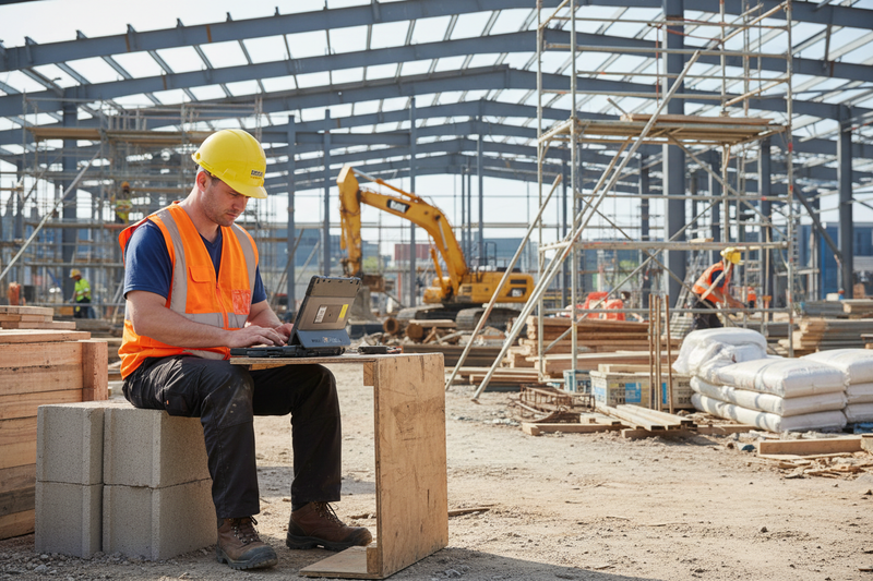 using a laptop on a construction site