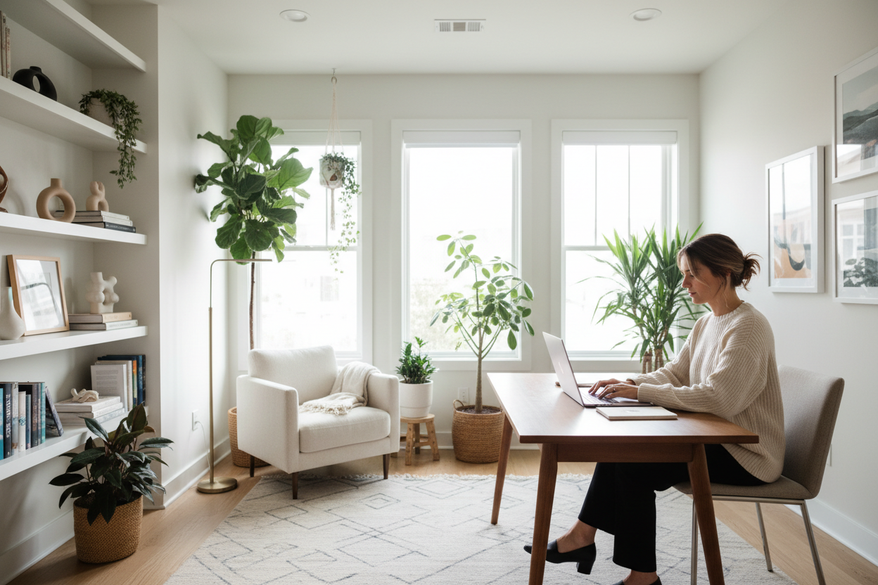 woman working from home, subject in the right 1/8 of the image